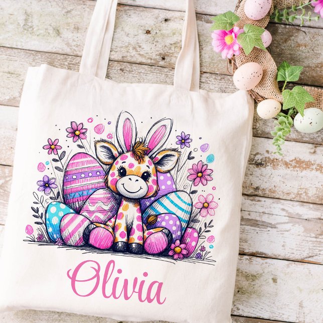 Påsk Kids Namn Girls Bunny Giraffe Tygkasse (Giraffe Girls Easter Tote)