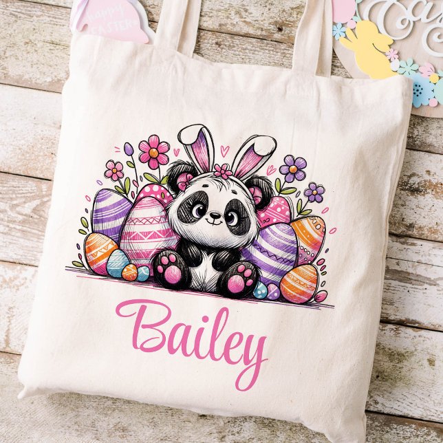 Påsk Kids Namn Girls Bunny Panda Bear Tygkasse (Panda Girls Easter Tote)