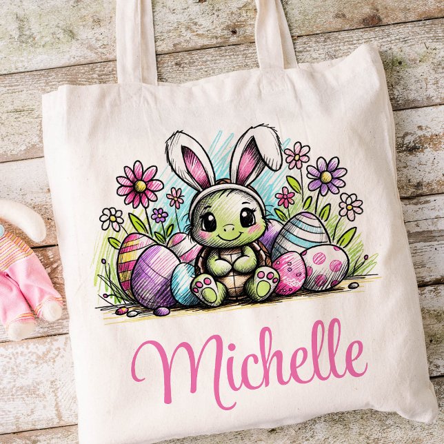 Påsk Kids Namn Girls Bunny Turtle Tygkasse (Turtle Girls Easter Tote)