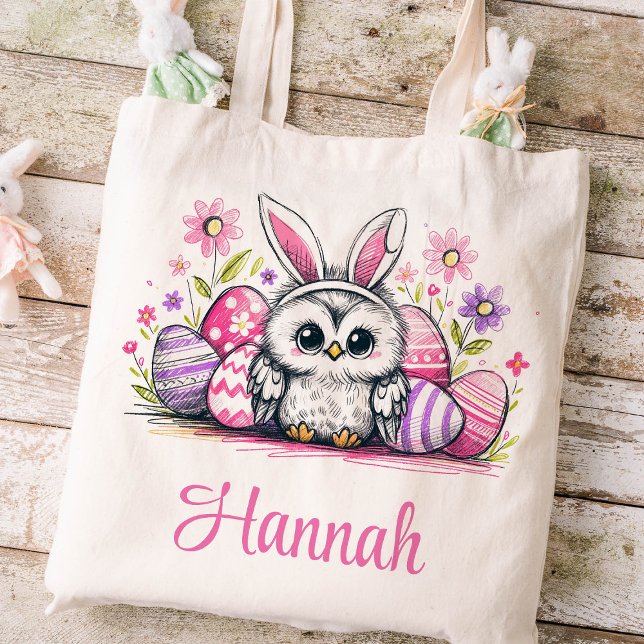 Påsk Kids Namn Girls Uggla Bunny Tygkasse (Owl Girls Easter Tote)