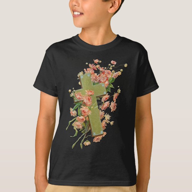 Påsk Kor med Rosa Flowers Black Unisex Shirt T Shirt (Framsida)