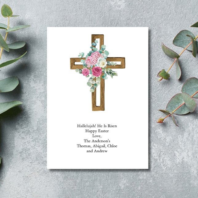 Påsk Kor Rosa Blommigt Religiösa Christian Julkort (Wooden Cross Pink floral Eucalyptus Watercolor Easter Card)