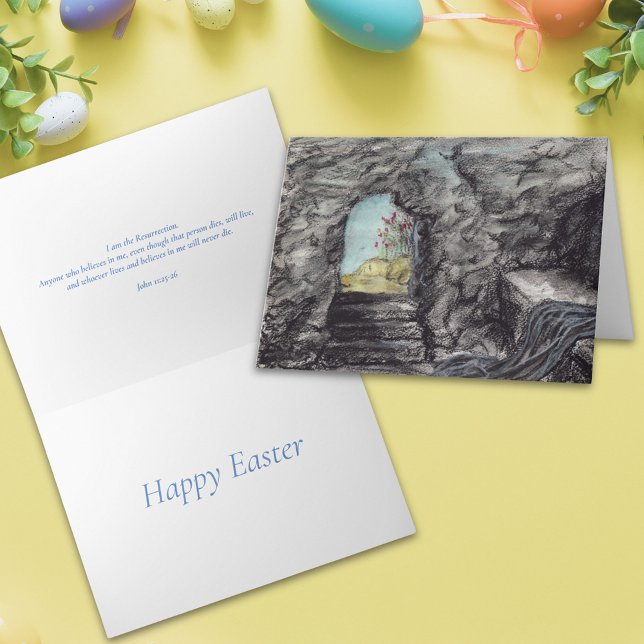 Påsk kristen återvändandefärg, tom Grav-målning Kort (Easter christian resurrection empty tomb painting bible quote folded holiday greetings card)