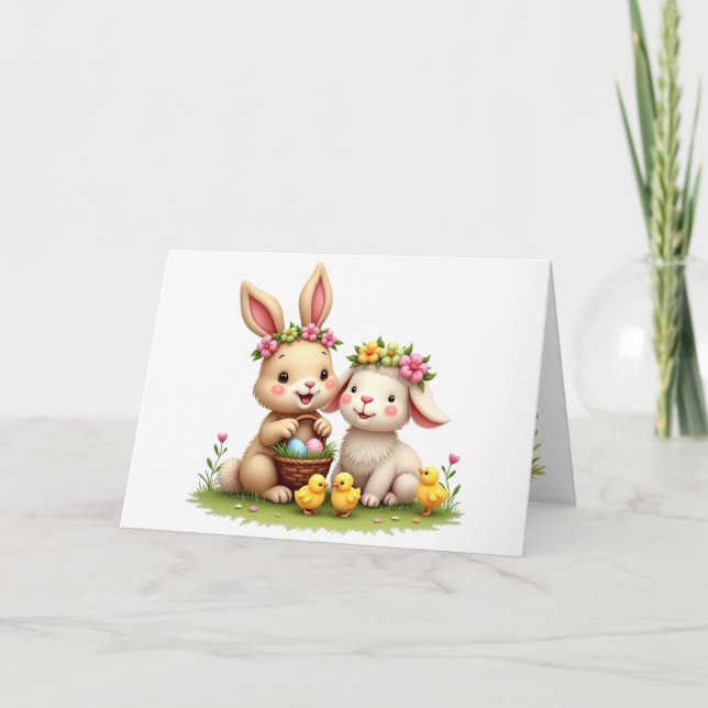 Påsk Lamb & Bunny | Chick & Vår blommor Cute Helgkort (Framsida)