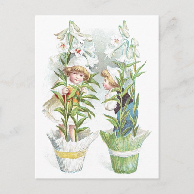 Påsk Lilies and Children Vintage Helg Vykort (Framsida)