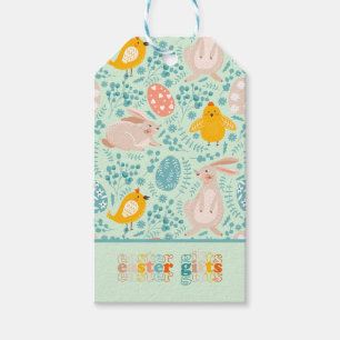 Påsk mönster med ägg, boj, chick, blommor presentetikett