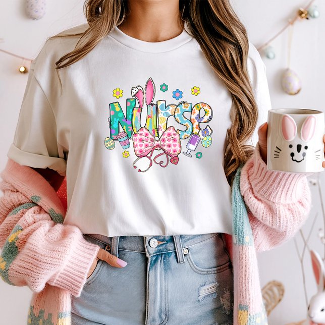 Påsk Nurse Tee; Cute Bunny Öron & Stethoscop T Shirt (Skapare uppladdad)