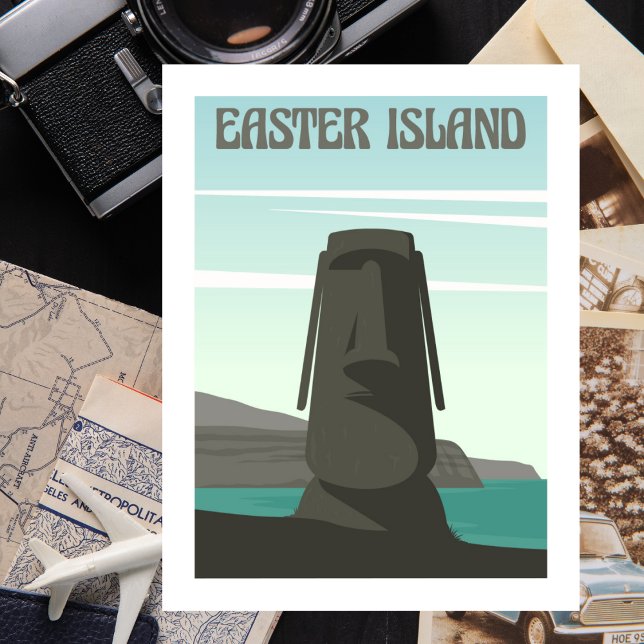 Påsk, ön Travel Souvenir Vykort (Easter Island Travel Illustration)