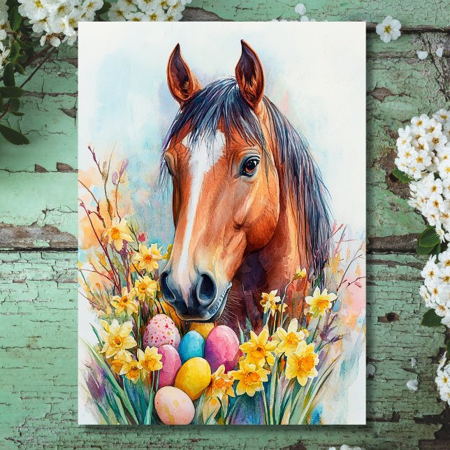 Påsk Önskemål Helgkort (Front - Beautiful Watercolor Horse Easter Wishes Holiday Card)