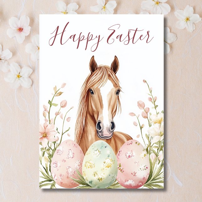 Påsk Önskemål Helgkort (Front - Beautiful Watercolor Horse Easter Wishes Holiday Card)