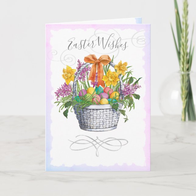 Påsk Önskemål Watercolor Blommigt Basket Eggs Helgkort (Framsida)