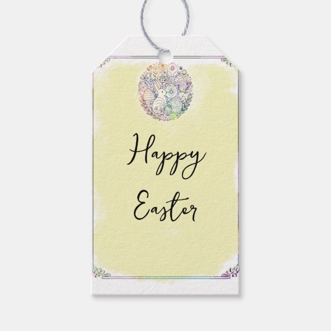 Påsk Pastel Bunny Rabbit Eggs Gult Watercolor Presentetikett (Framsidan)
