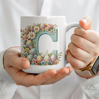 Påsk Personlig Blommigt Monogram med Namn Kaffemugg