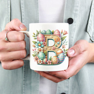 Påsk Personlig Blommigt Monogram med Namn Kaffemugg