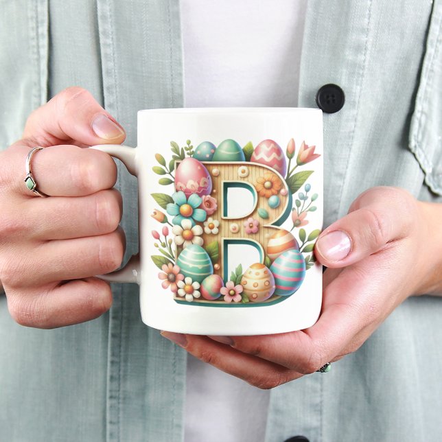 Påsk Personlig Blommigt Monogram med Namn Kaffemugg (Skapare uppladdad)
