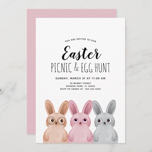Påsk Picnic och Egg Hunt party med baby bunnies Inbjudningar (Fram/baksida)