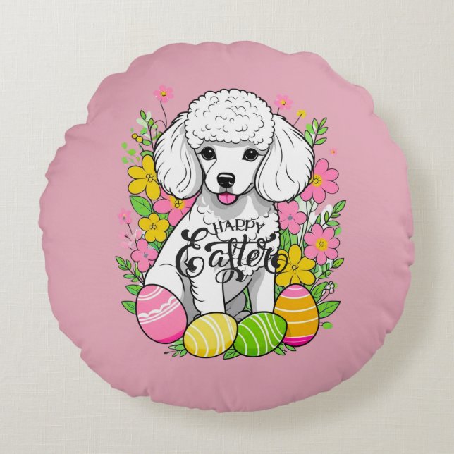 Påsk Pudel med blommor Rund Kudde (Framsidan)