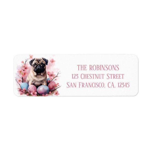 Påsk Pug Chocolate Eggs and Flowers - Returadress Etikett (Framsidan)