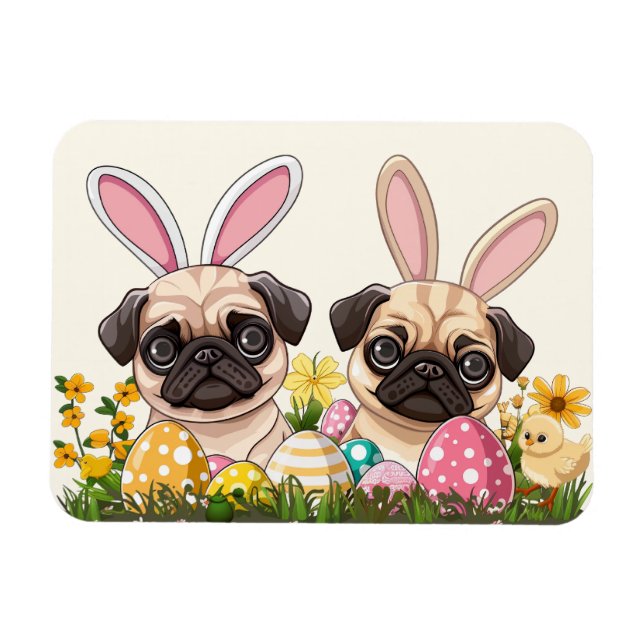 Påsk Pug Hundar Bunny Öron Magnet (Horisontell)