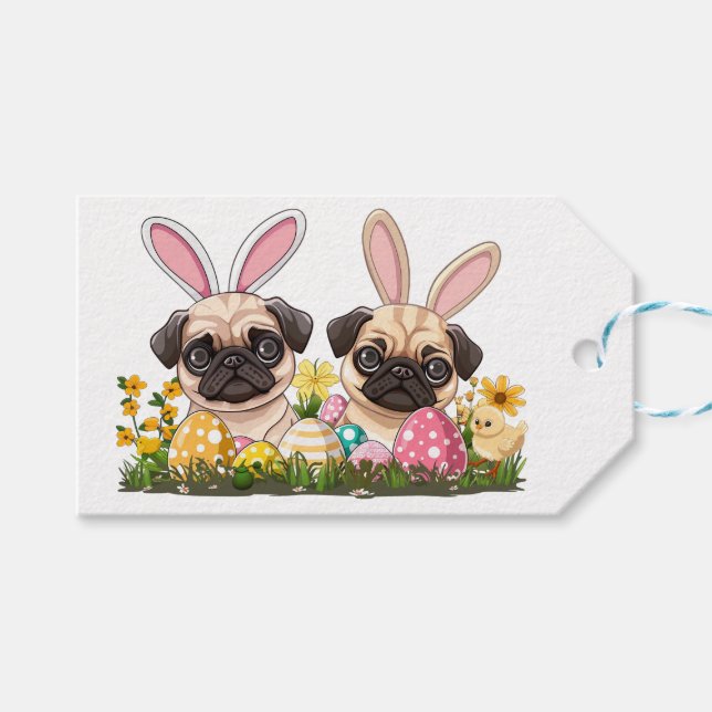 Påsk Pug Hundar Bunny Öron Presentetikett (Framsidan (Horisontell))