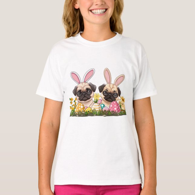Påsk Pug Hundar Bunny Öron T Shirt (Framsida)