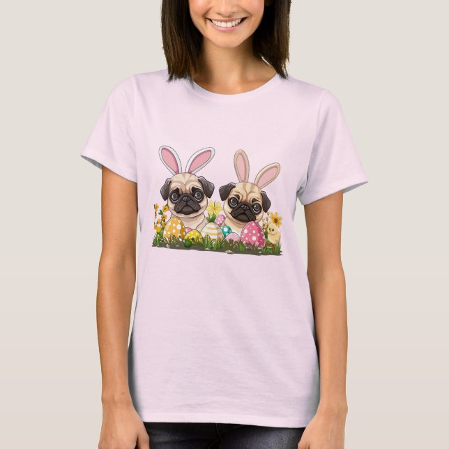 Påsk Pug Hundar Bunny Öron T Shirt (Framsida)