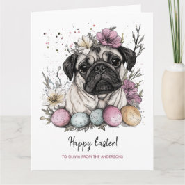 Påsk pug söt, botanisk blommigt kort