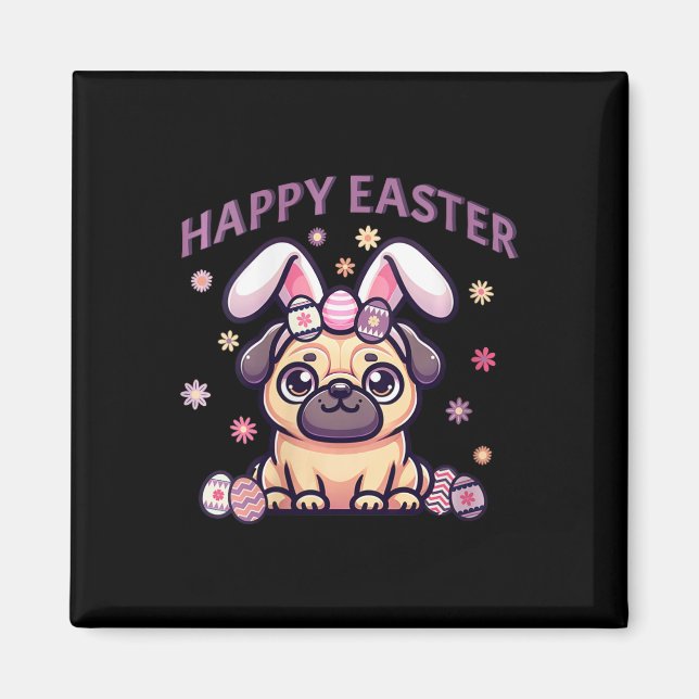 Påsk Pug Wearing Bunny Öron Glad påsk Dag Wom Magnet (Framsidan)