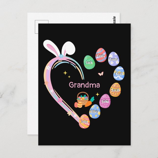 Påsk Rabbit Heart Påskägg Grandma Family Namn Vykort (Fram/baksida)