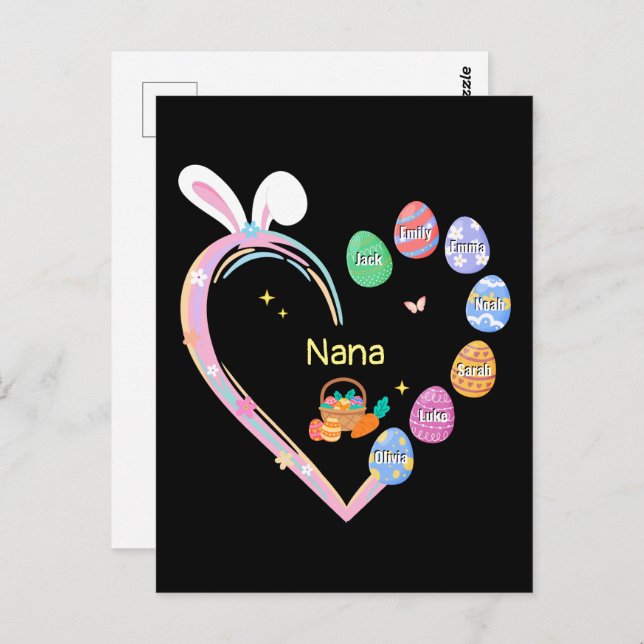 Påsk Rabbit Heart Påskägg Grandma Family Namn Vykort (Fram/baksida)