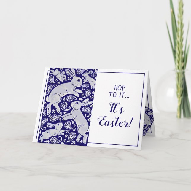 Påsk Rabbit Paisley Blue & White Unique Bunny Helgkort (Framsida)