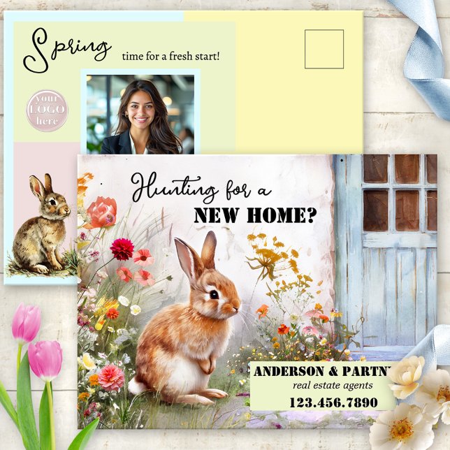 Påsk Real Gods Business Helg Vykort (Artistic real estate Easter postcard featuring a watercolor bunny at the door of a new home)