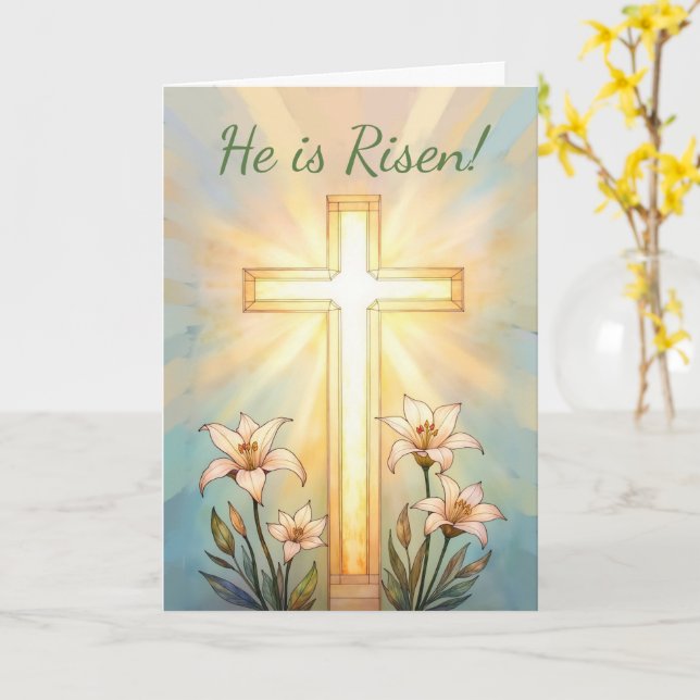 Påsk Religiös Han Är Uppstånden Glädjerik Kors Kort (Gul blomma)