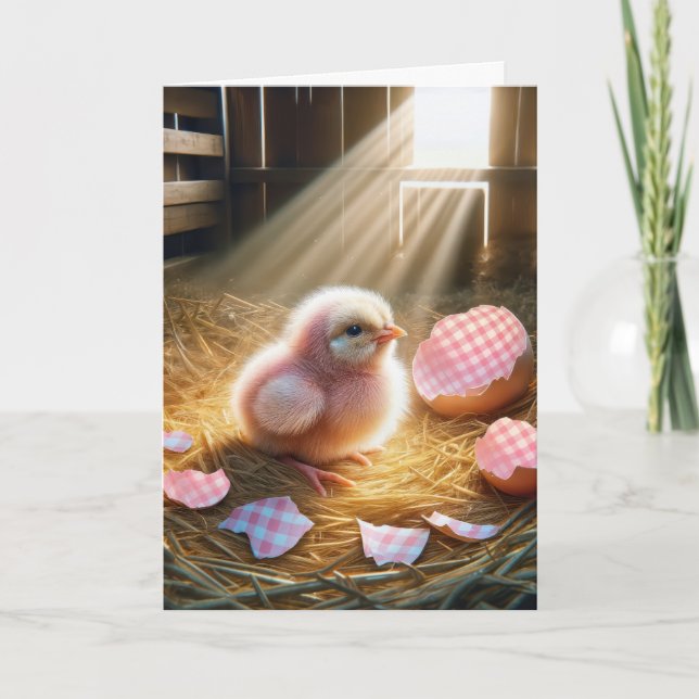 Påsk Rosa Chick med Gingham Eggshell Helgkort (Framsida)