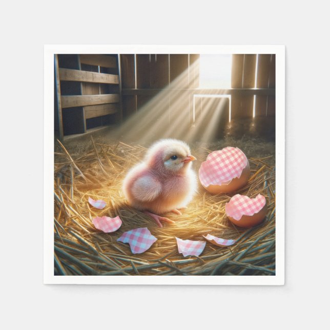 Påsk Rosa Chick med Gingham Eggshell Pappersservett (Framsidan)