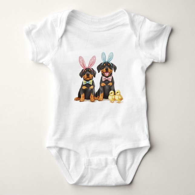 Påsk Rottweiler Hundar Bunny Öron T Shirt (Framsida)