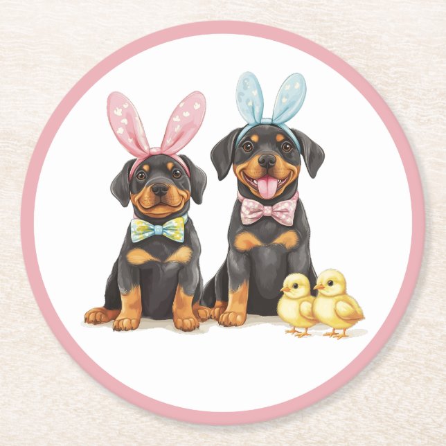 Påsk Rottweiler Hundar Bunny Öron Underlägg Papper Rund (Framsidan)