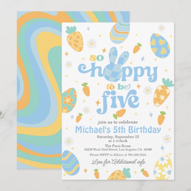 Påsk så hoppy att bli fem på födelsedagen inbjudningar (Fram/baksida)