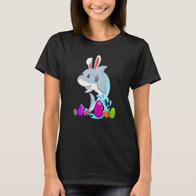 Påsk Shark Helgdag Bunny Öron Färg Egg Hunt T Shirt (Framsida)