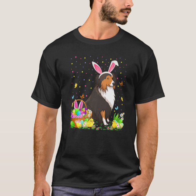 Påsk Sheltie Hund Bunny Egg Hunting Sheltie Easte T Shirt (Framsida)