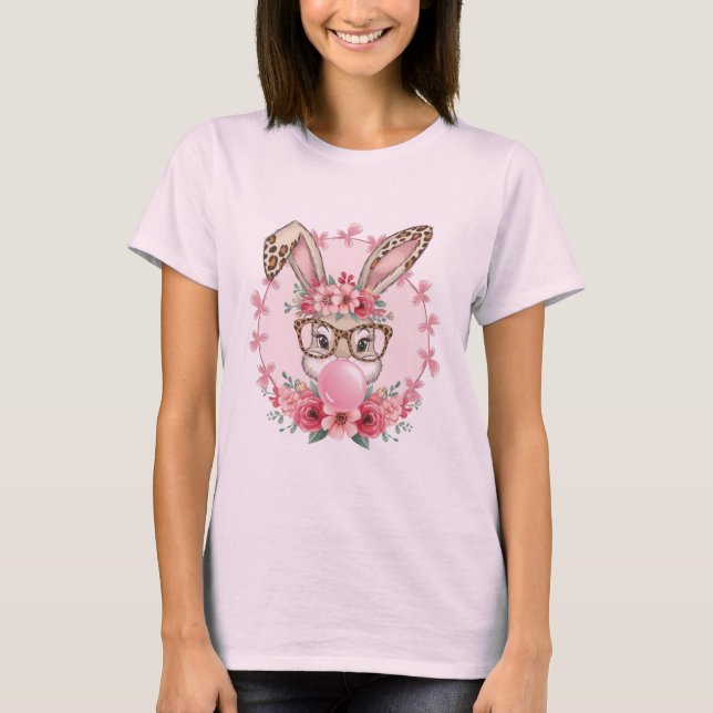 Påsk Söt Blommig Kanin Leopard Present  T Shirt (Framsida)