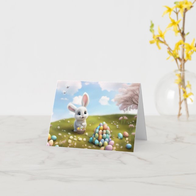Påsk Söt påskhare med påskkorg  Kort (Gul blomma)