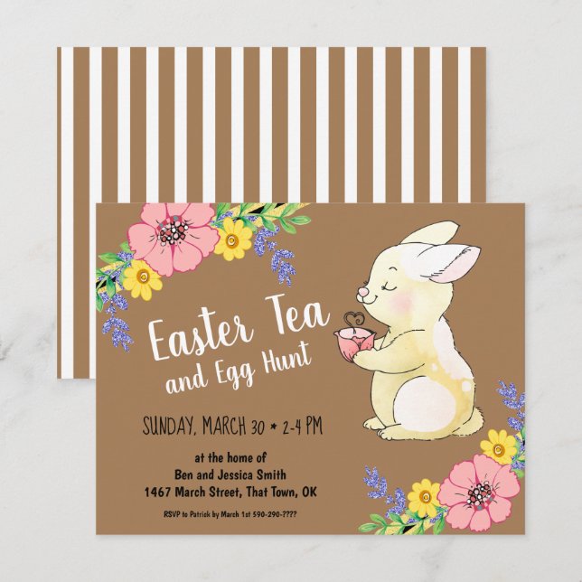 Påsk Tea och Egg Hunt Vår Bunny Brown Inbjudningar (Fram/baksida)