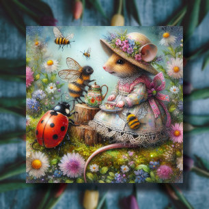 Påsk Tea Party Cute Mouse Bees Ladybugs Julkort