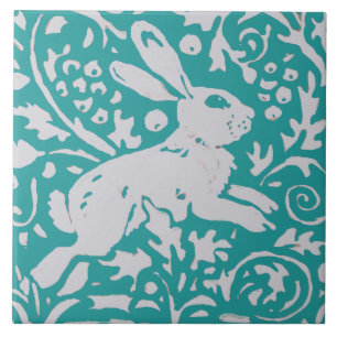 Påsk Teal Blue Rabbit Bunny Blommigt Nature Anima Kakelplatta