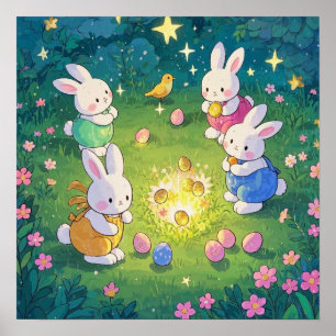 Påsk tecknad bunnier gömmande ägg i trädgård poster