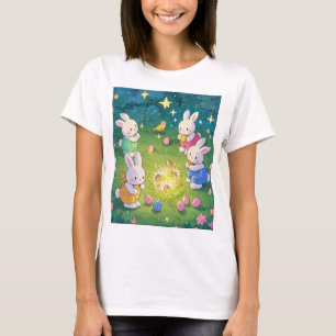 Påsk tecknad bunnier gömmande ägg i trädgård t shirt