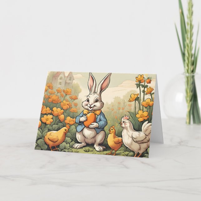 Påsk Time Bunny, Vintage Illustration Helgkort (Framsida)