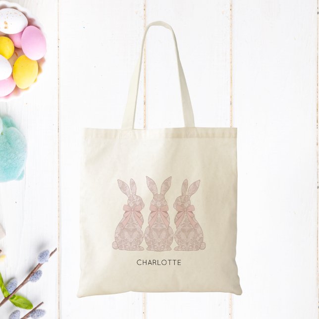 Påsk Tote Bag med Snöre Bunny Design Tygkasse (Kids Easter Tote Bag with Lace Bunnies)