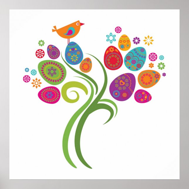 Påsk träd med ägg och blommor av färgad poster (Framsidan)